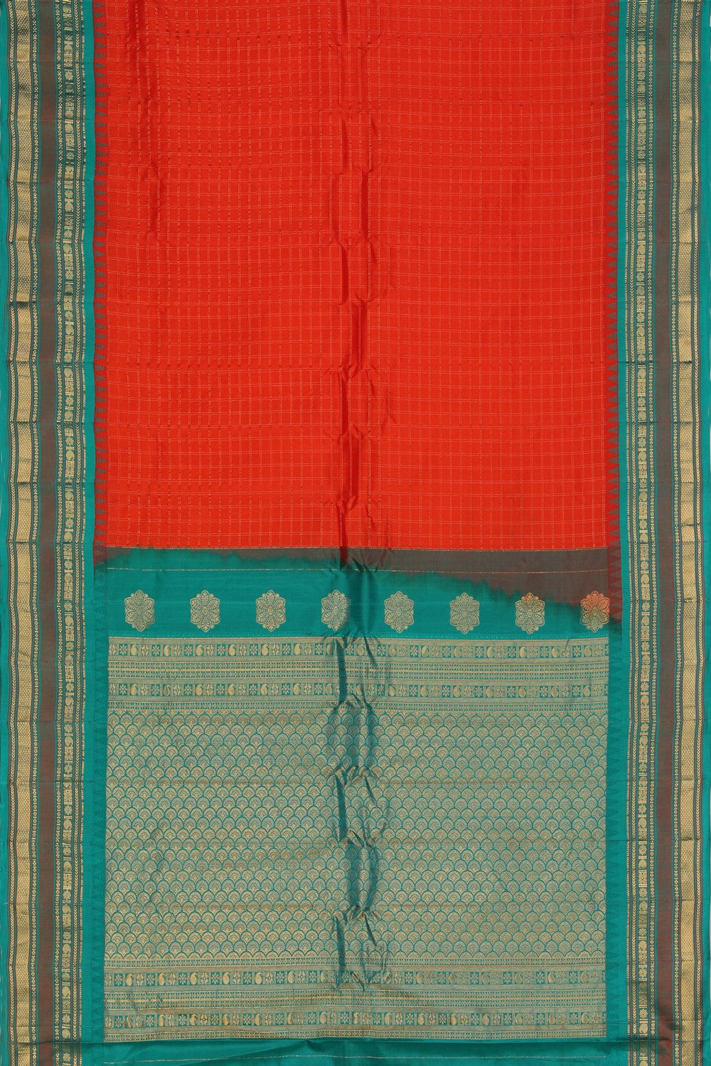 Image of Gadwal Silk Red Kattam Saree